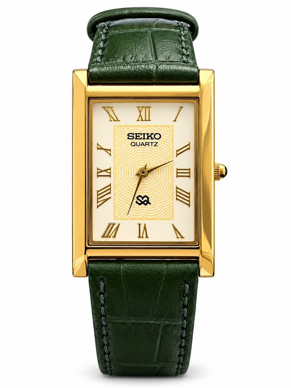 Vintage Seiko Tank watch White dial Gold Bezel with Green Strap